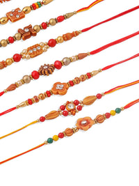 NVR Unisex Set of 10 Floral  Red Artificial Stones and Beads Thread Rakhi With Roli Chawal