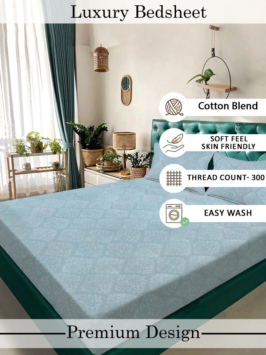 Moda Rapido X KLOTTHE Blue & White Floral 300 TC King Bedsheet with 2 Pillow Covers