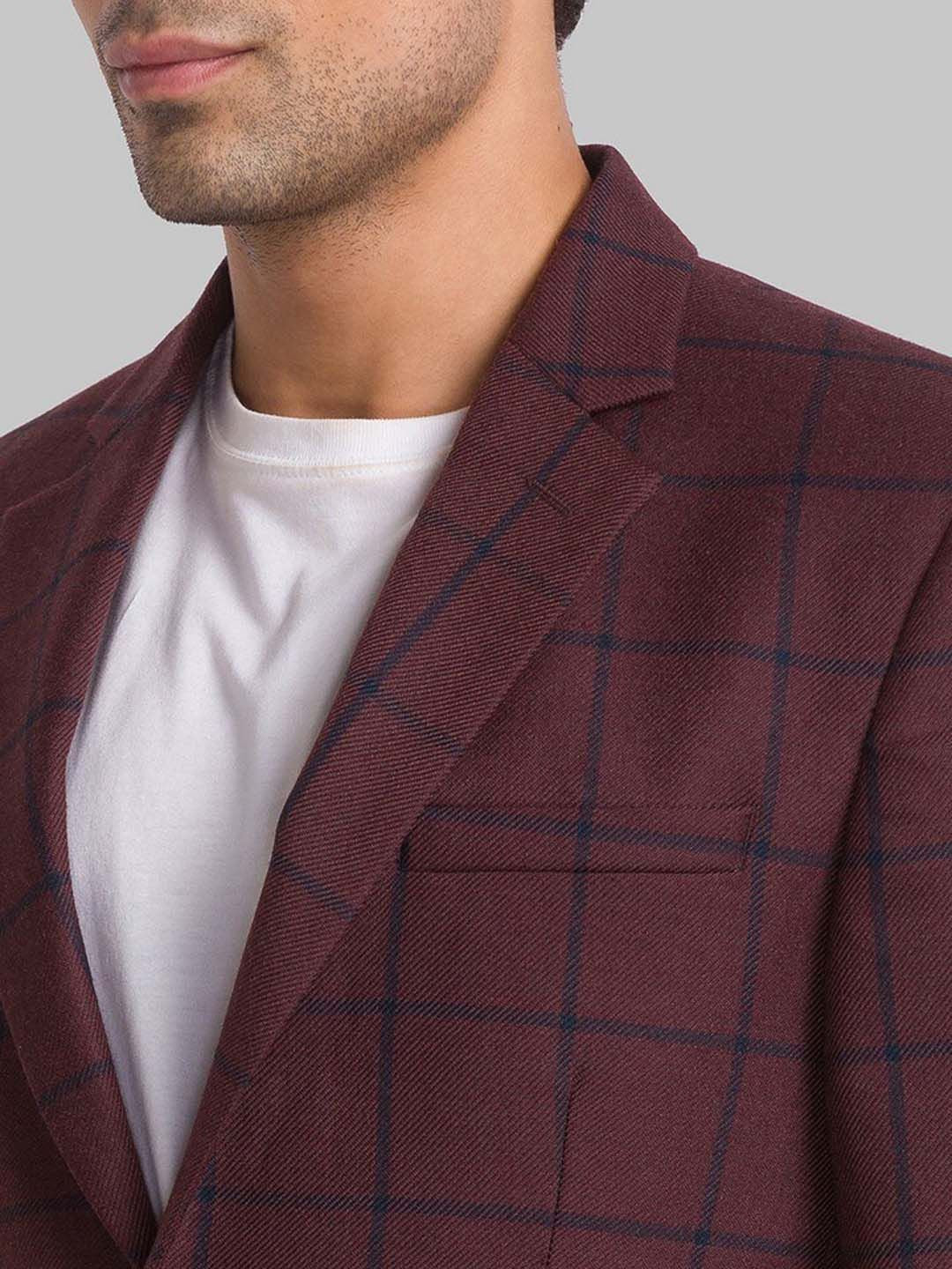 Park Avenue Men Maroon Checked Single Breasted Formal Blazer