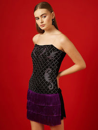 STREET 9 Embellished Shoulder Straps Fringed Net Sheath Mini Dress