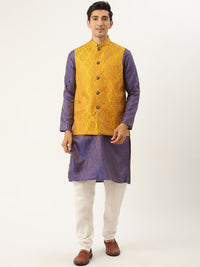 SOJANYA Men Blue Ethnic Motifs Jacquard Silk Kurta with Churidar & Nehru Jacket