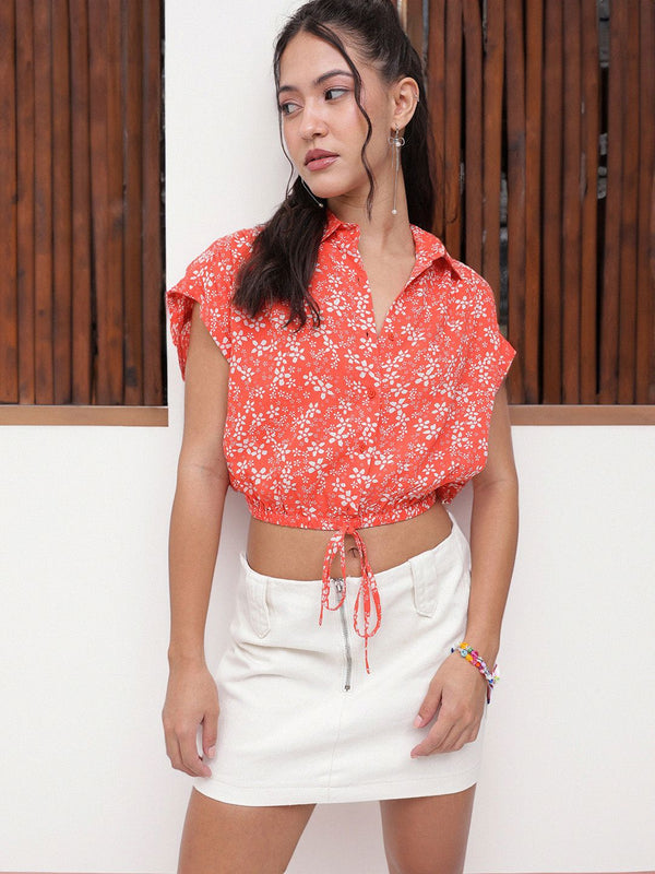 DressBerry Charming Bright Floral Printed Waist Tie Up Crop Top
