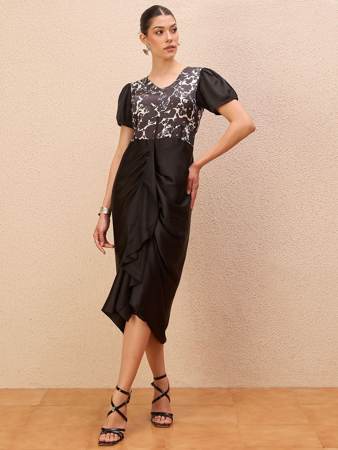 Antheaa Women Puff Sleeve Satin Sheath Midi Dress
