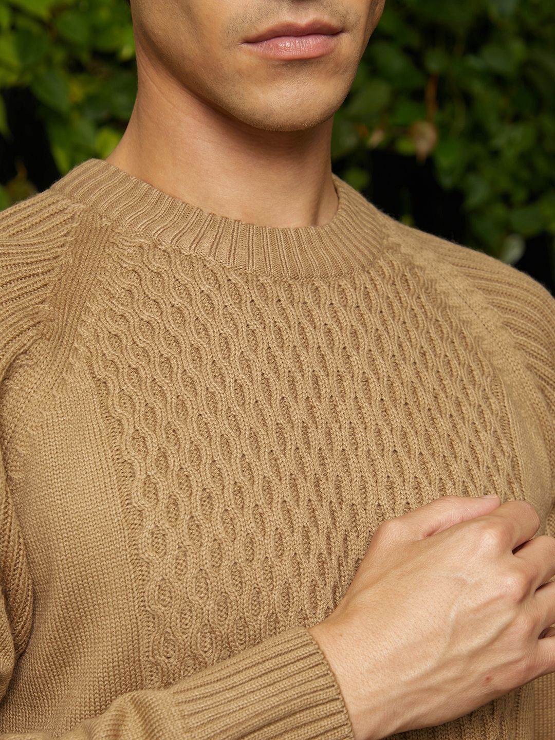 Campus Sutra Men Camel Hive-Knit Pullover Sweater