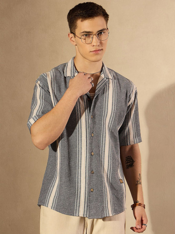 DENNISON Men Aspect Striped Oversized Cotton Shirt