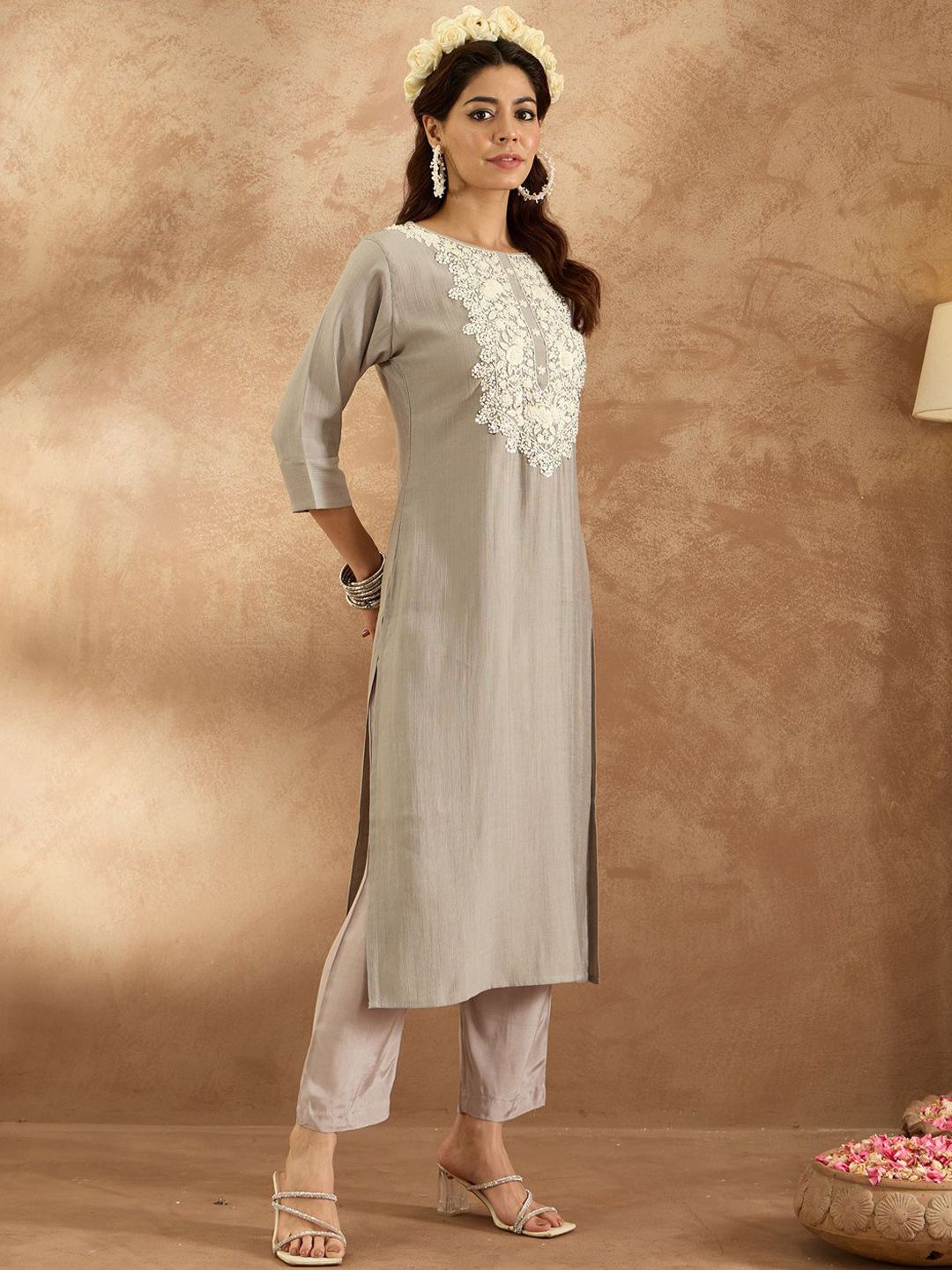 Indo Era Women Ethnic Motifs Embroidered Regular Thread Work Kurta with Trousers