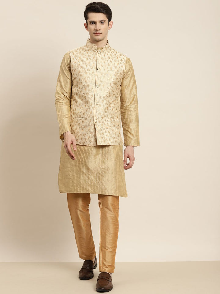 SOJANYA Kurta Lelaki Emas & Beige dengan Jaket Churidar & Nehru