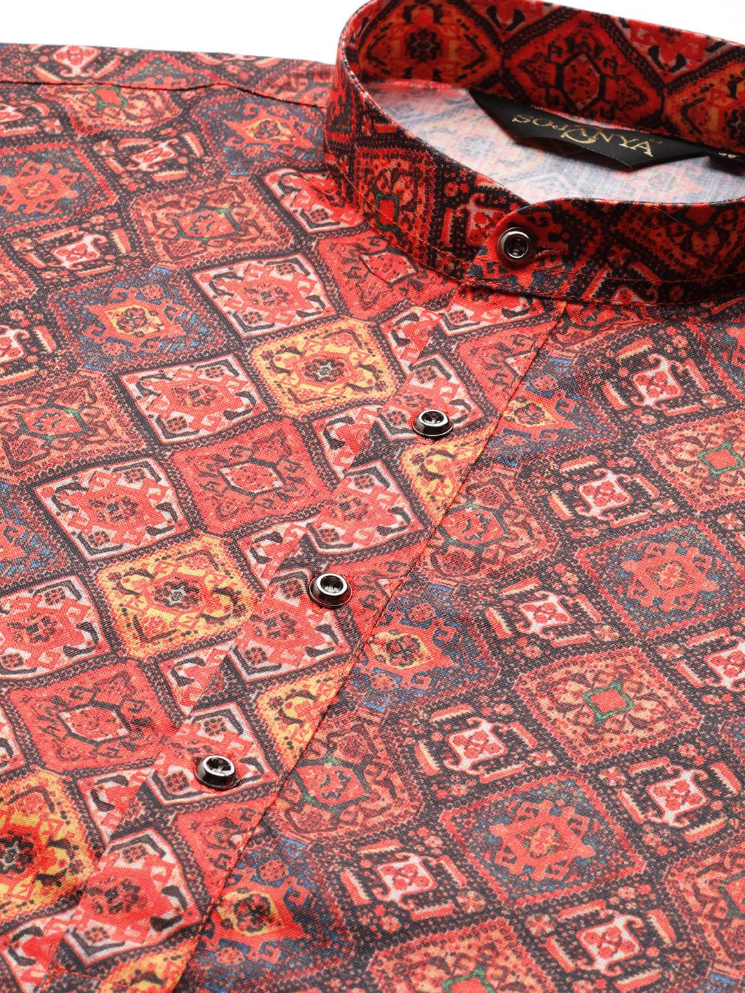 SOJANYA Lelaki Rust Orange & Black Printed Straight Kurta