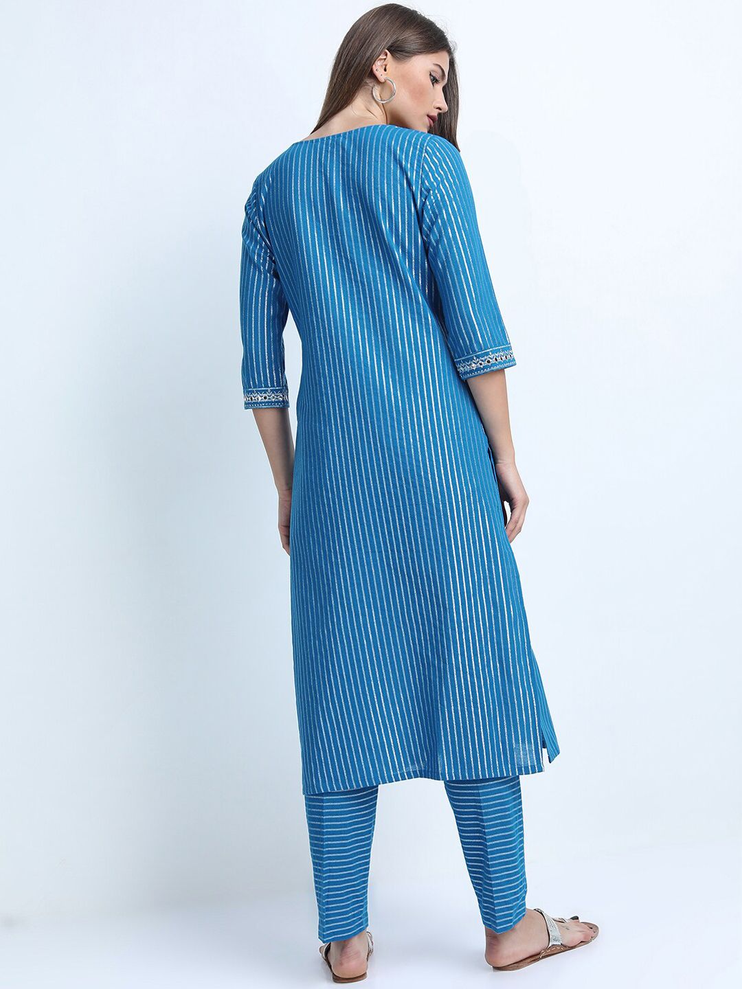 Vishudh Women Blue Striped Thread Work Pure Cotton Kurta with Trousers