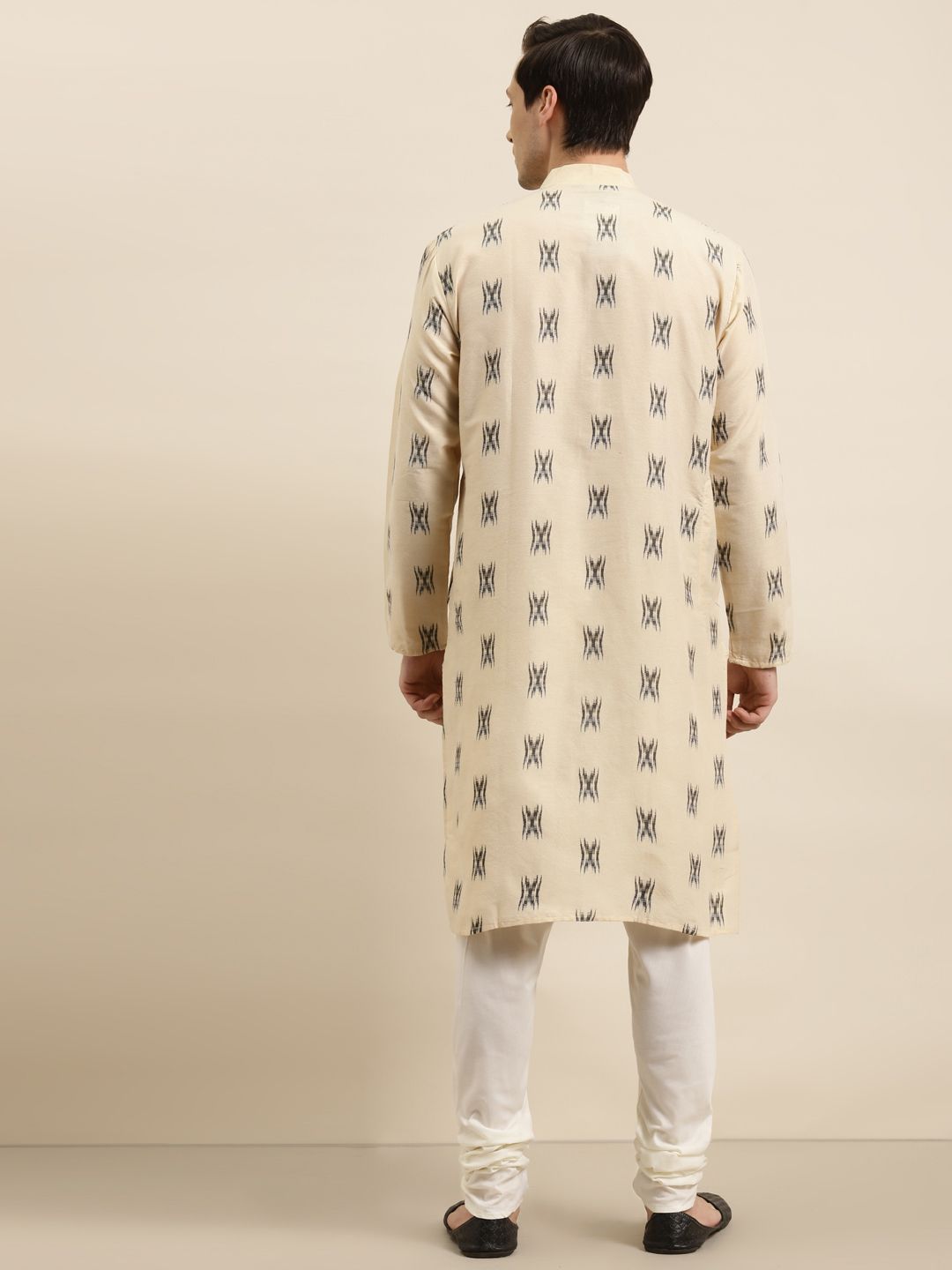 Sojanya Men Beige & Black Ikat Woven Design Pure Cotton Kurta