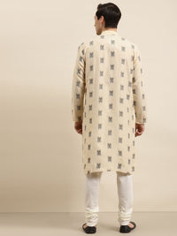 Sojanya Men Beige & Black Ikat Woven Design Pure Cotton Kurta