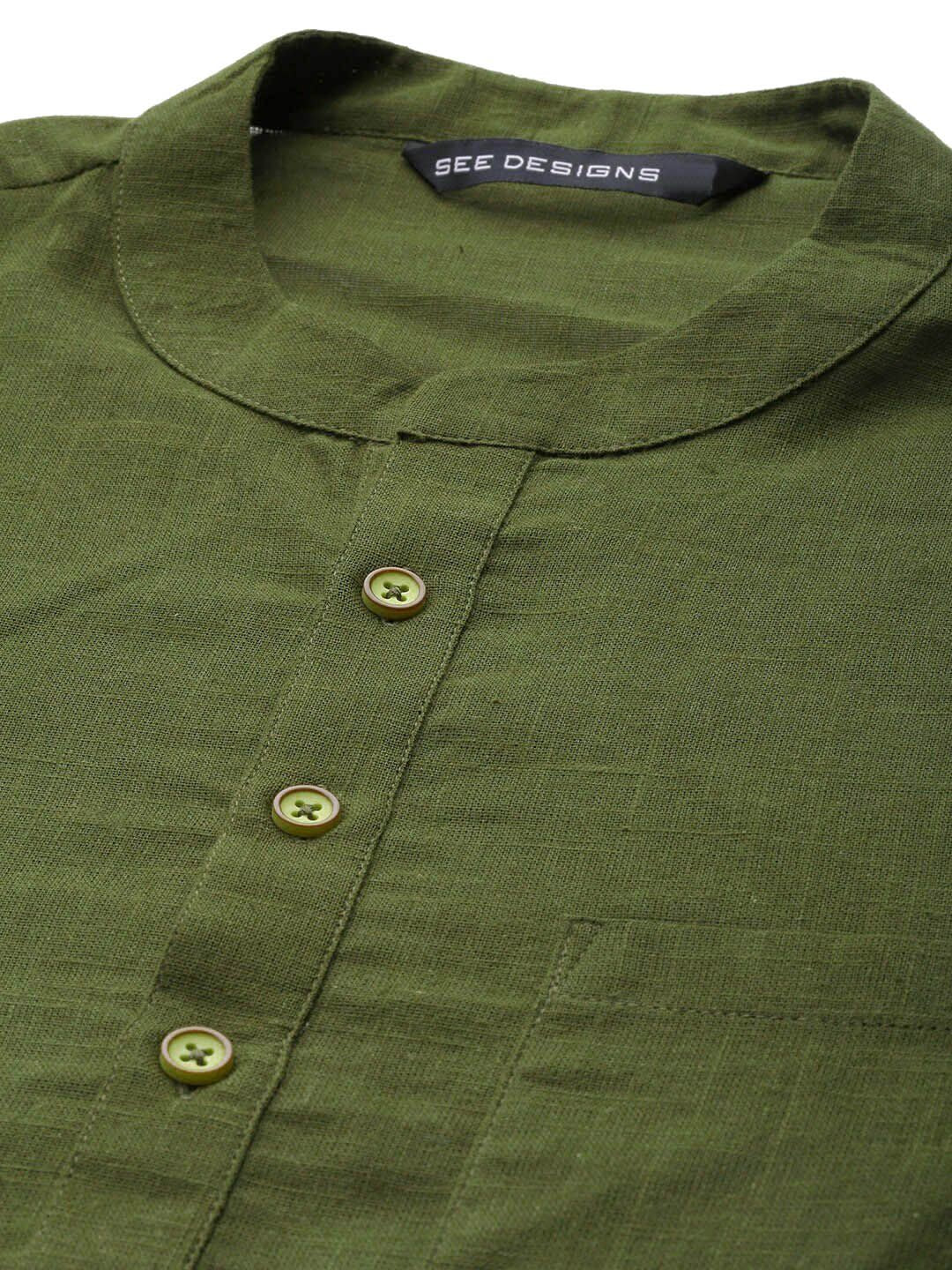 See Designs Men Olive Thread Work Straight Cotton Kurta