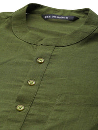 See Designs Men Olive Thread Work Straight Cotton Kurta
