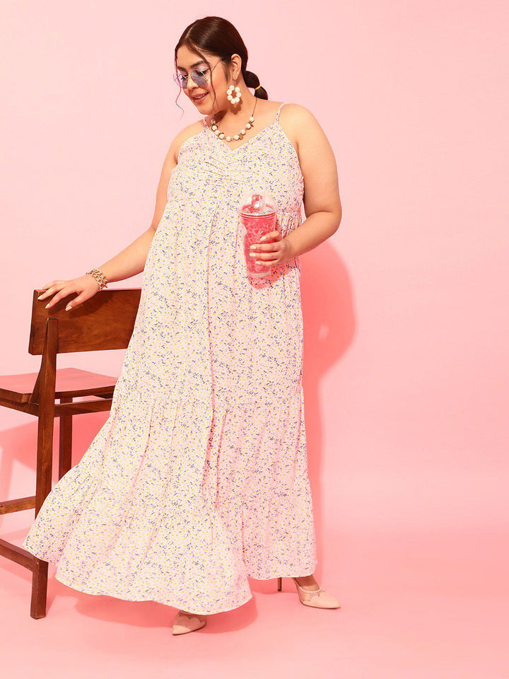 CURVY STREET Plus Size Peach-Coloured & White Floral Printed Shoulder Straps A-Line Dress