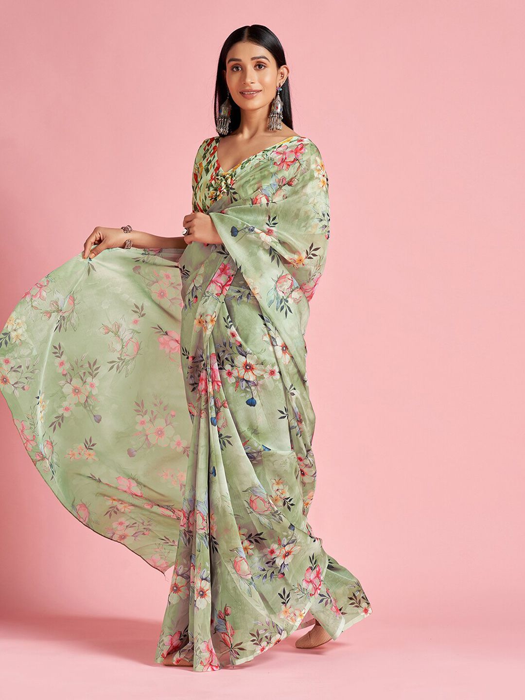 Saree mall Green & Pink Floral Printed Organza Sarees