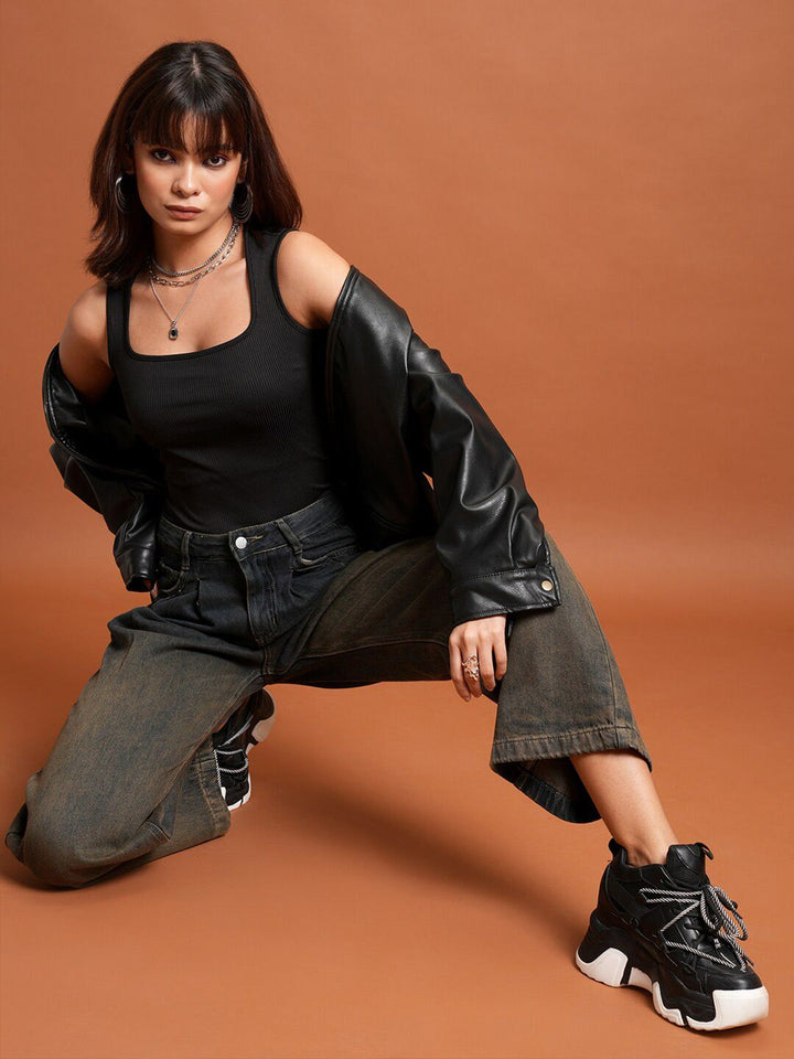 Tokyo Talkies Black Ribbed Square Neck Fitted Top