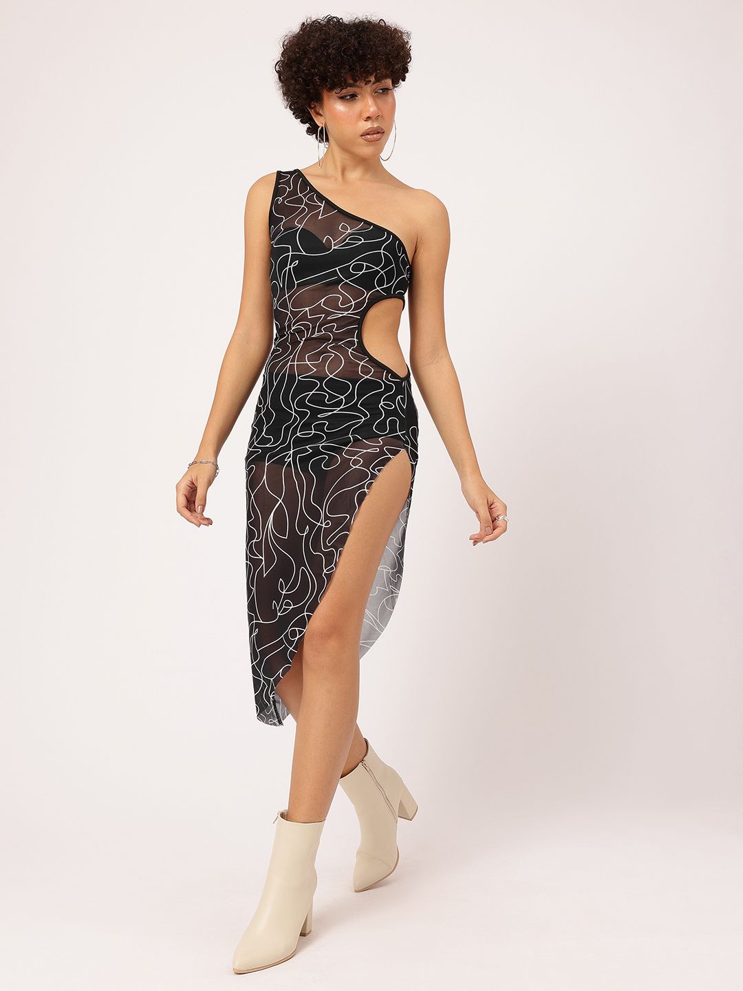 Scribbled Cut-Out Vortex Rebel Sheer Bodycon Asymmetric Flair Net Dress