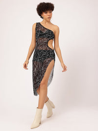 Scribbled Cut-Out Vortex Rebel Sheer Bodycon Asymmetric Flair Net Dress