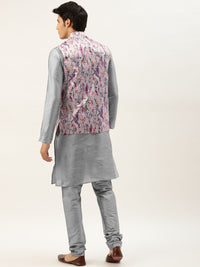SOJANYA Men Grey Kurta with Churidar & Nehru Jacket