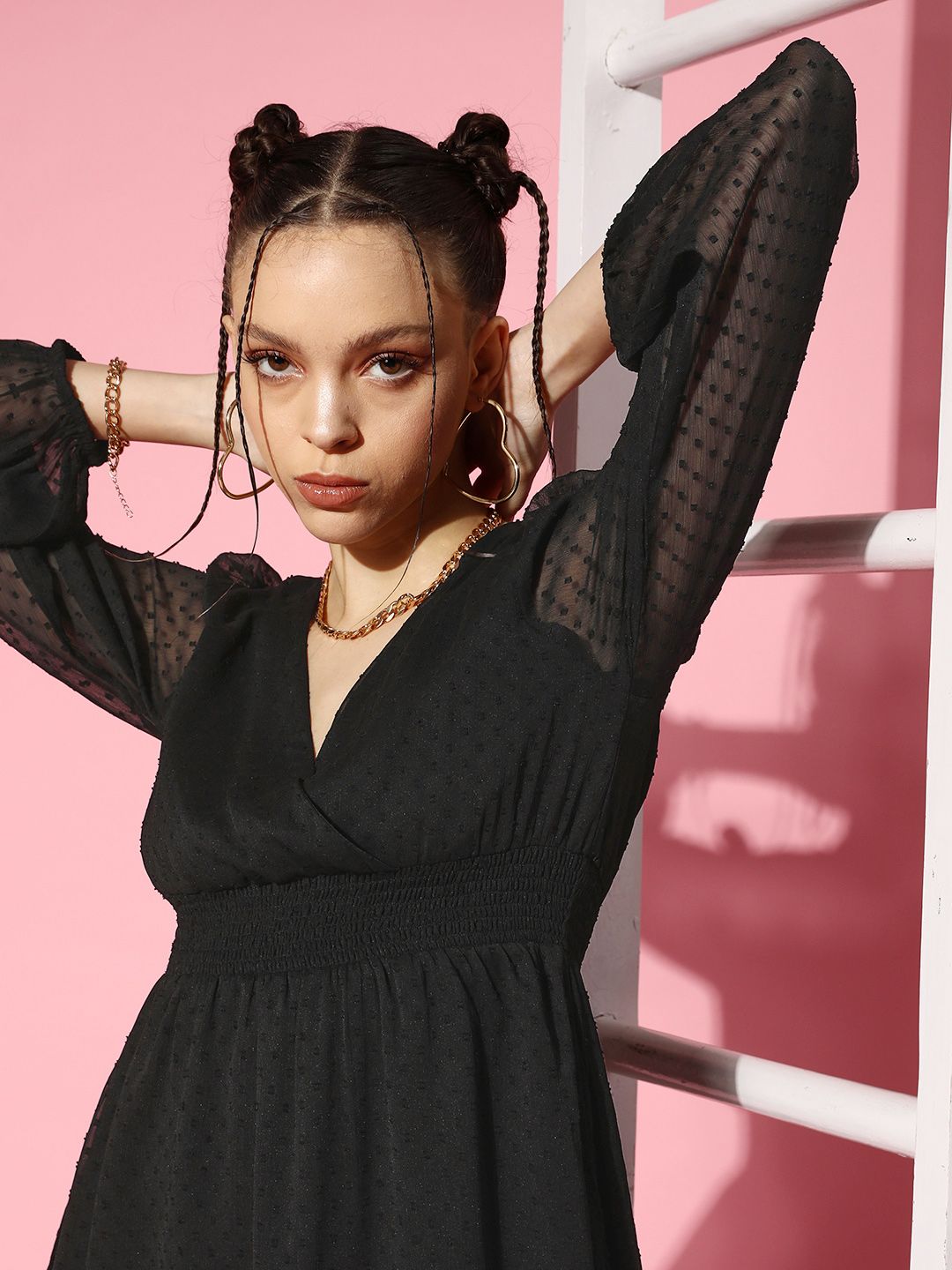 Berrylush Black Chiffon Bishop Sleeves Mini Dress