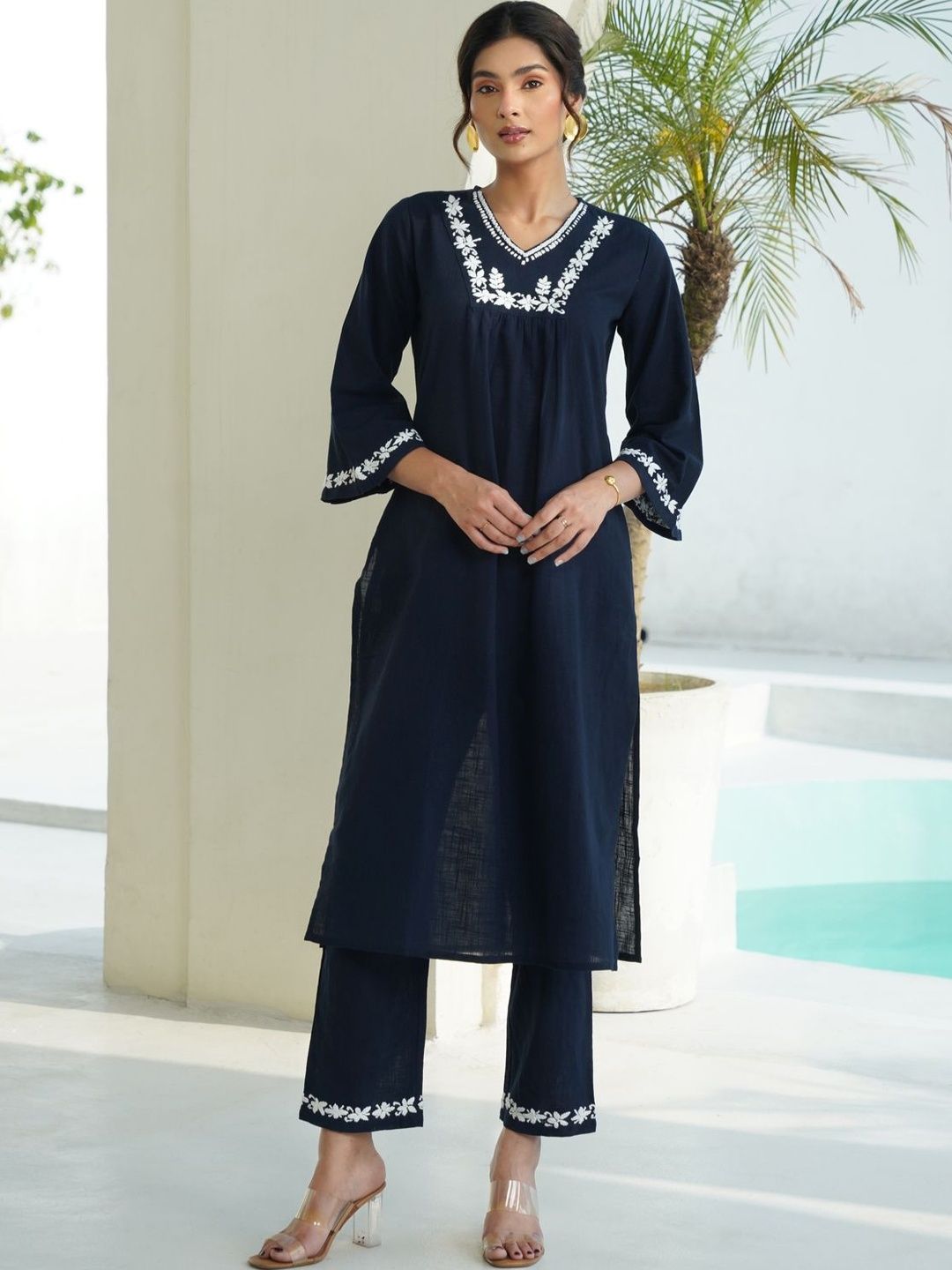 House of Chikankari Women 2 Pieces Regular Pure Cotton Kurta with Trousers Set