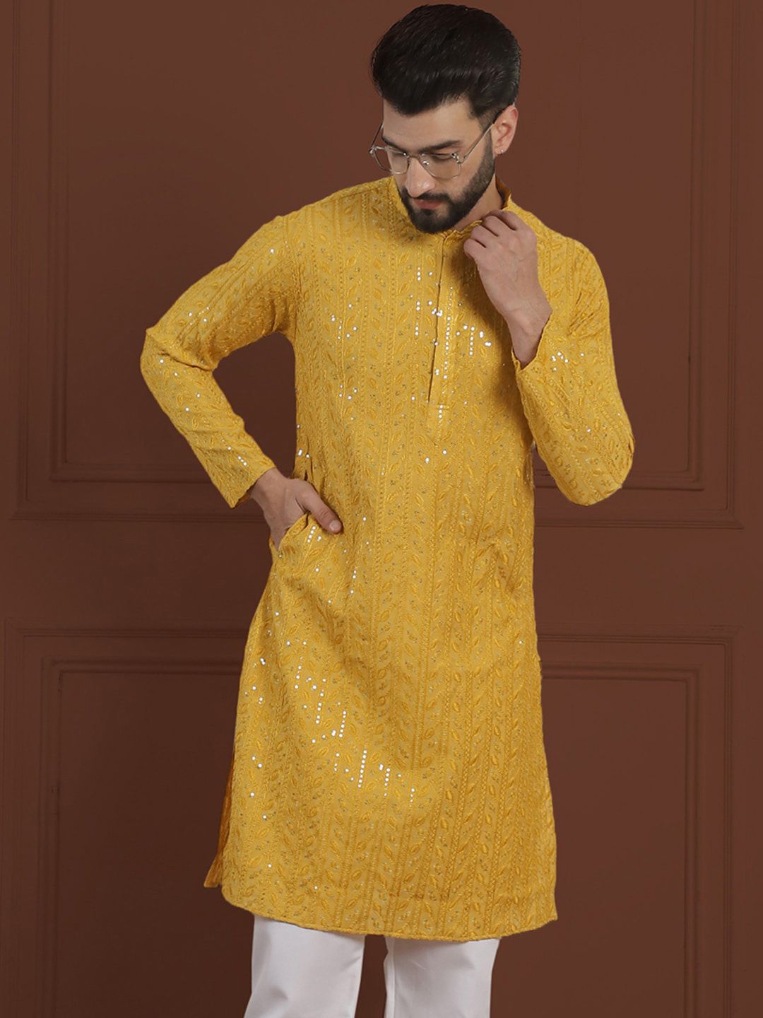 SOJANYA LUXE Floral Embroidered Sequinned Mandarin Collar Cotton Silk Straight Kurta