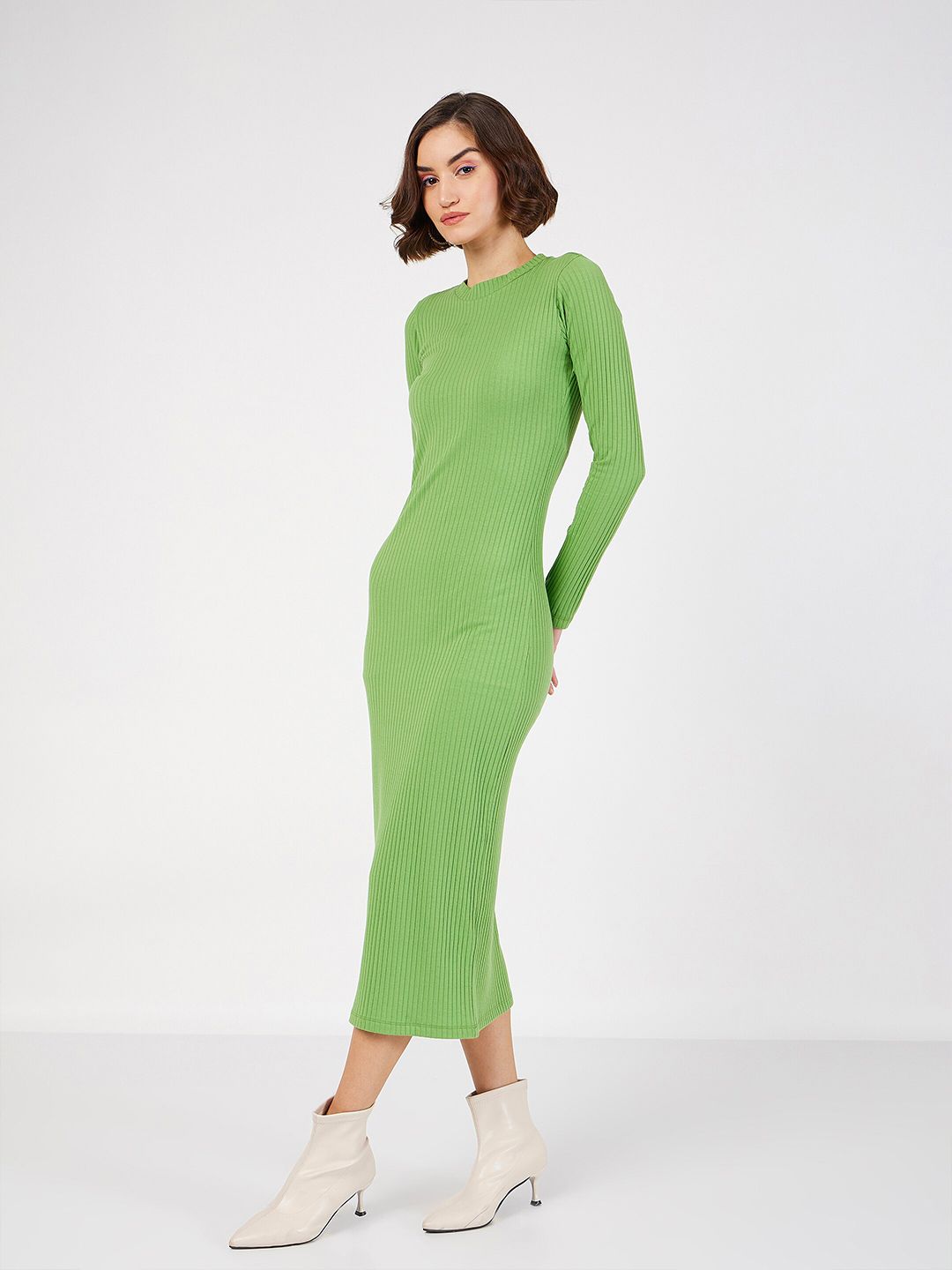 SASSAFRAS Green Ribbed Sheath Midi Dress