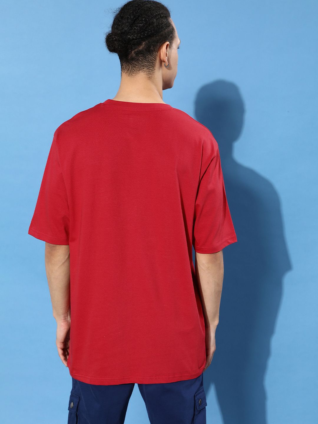 Difference of Opinion Men Red Typography Embroidered Oversized Pure Cotton Longline T-shirt