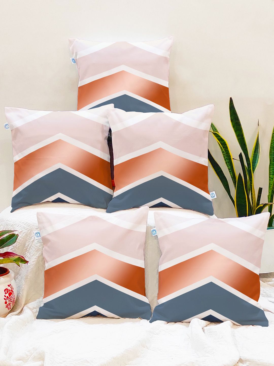 STITCHNEST Blue & Orange Set of 5 Geometric Square Cushion Covers