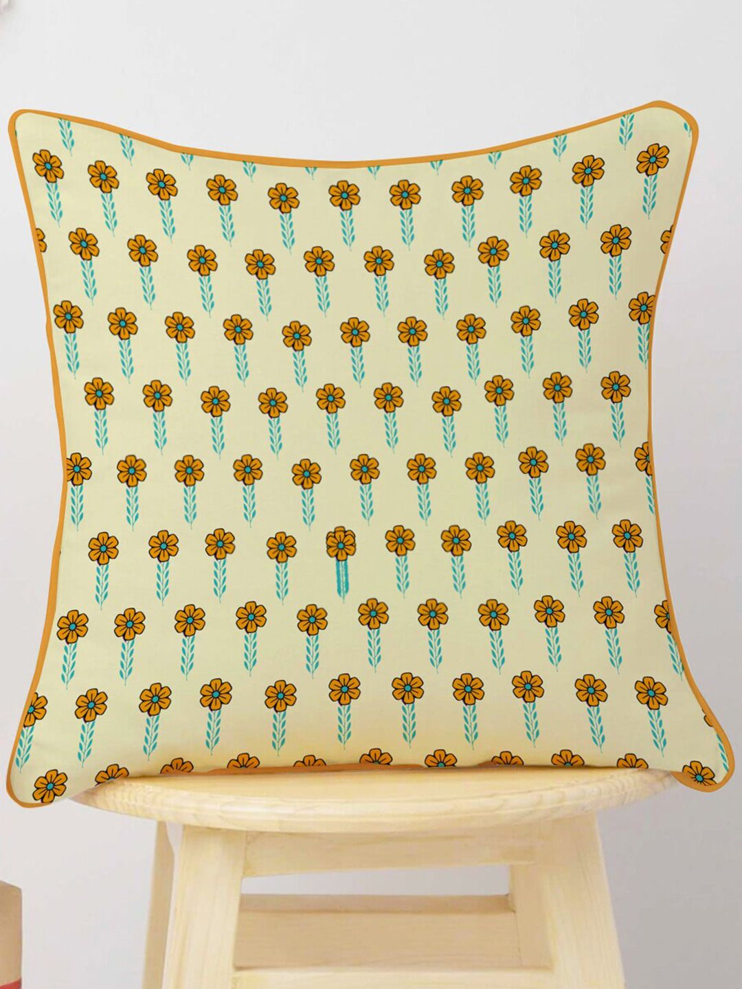 STITCHNEST Blue & Cream-Coloured Set of 5 Floral Velvet Square Cushion Covers