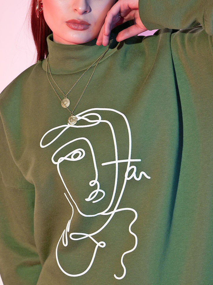 STREET 9 Olive Green Graphic Printed High Neck Cotton Sweatshirt