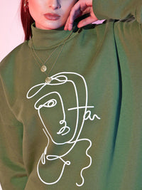 STREET 9 Olive Green Graphic Printed High Neck Cotton Sweatshirt