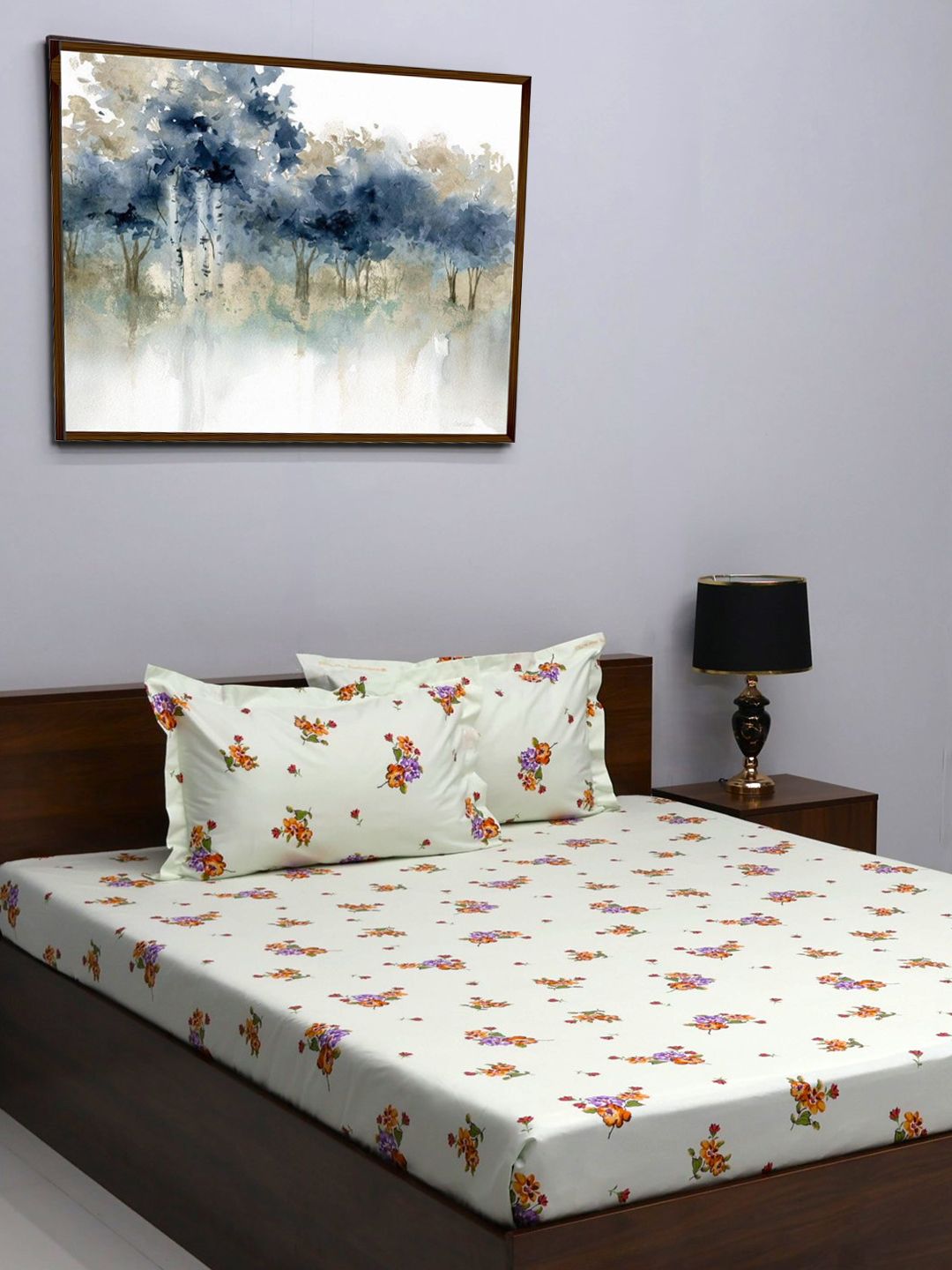 BOMBAY DYEING Green & Magenta Floral Pure Cotton 164 TC Queen Bedsheet With 2 Pillow Covers