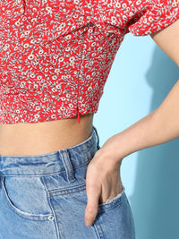 Berrylush Floral Print Puff Sleeve Crepe Crop Top