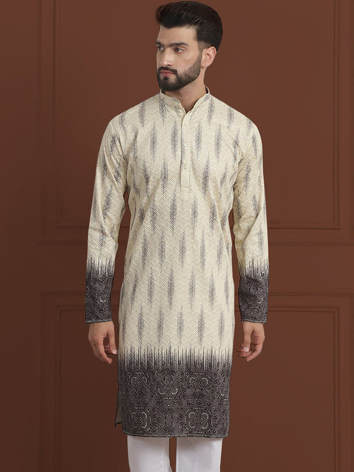 SOJANYA LUXE Kurta Lurus Bersulam Labuci Mandarin Cotton Kolar