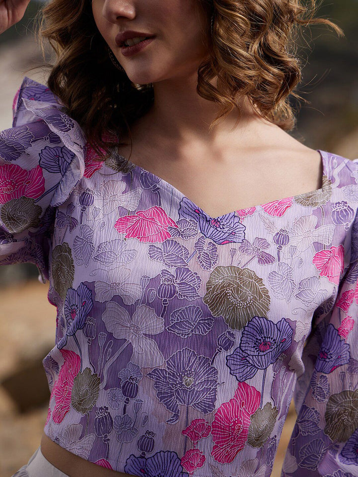Athena Floral Printed Puff Sleeves Ruffles Detail Crop Top