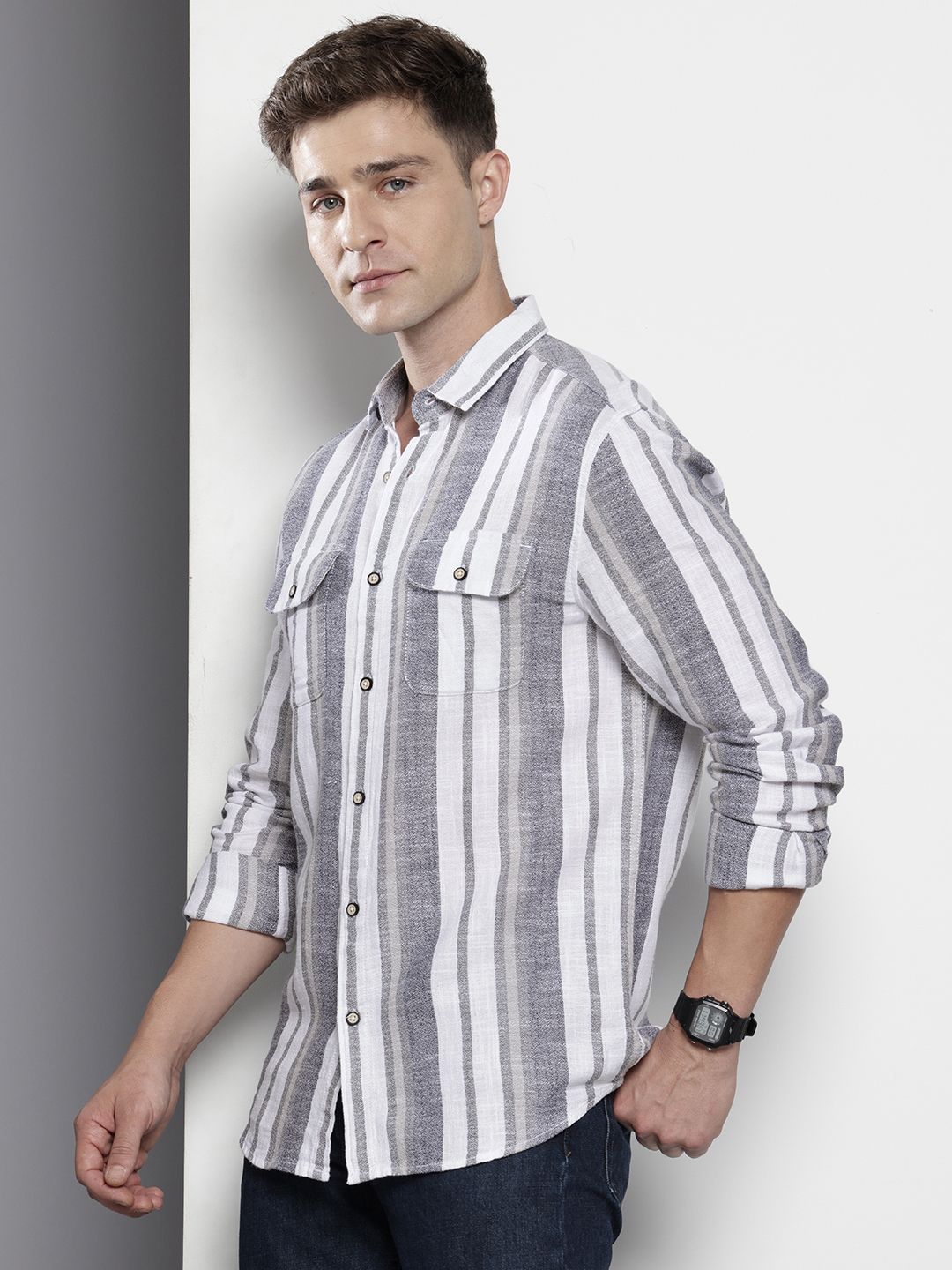 The Indian Garage Co Men Slim Fit Striped Double Flap Casual Shirt