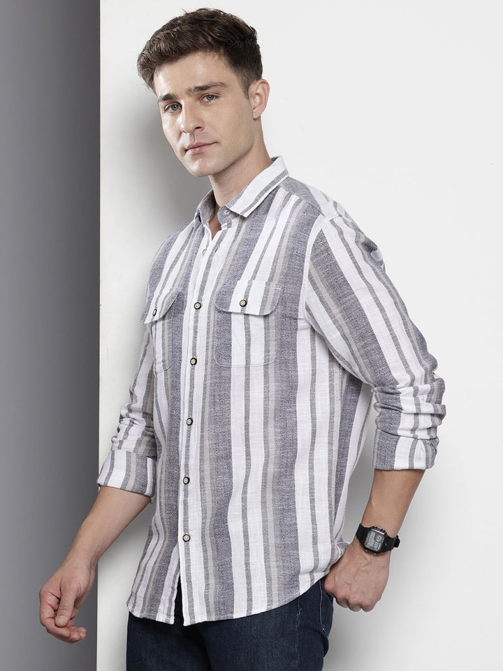 The Indian Garage Co Men Slim Fit Striped Double Flap Casual Shirt