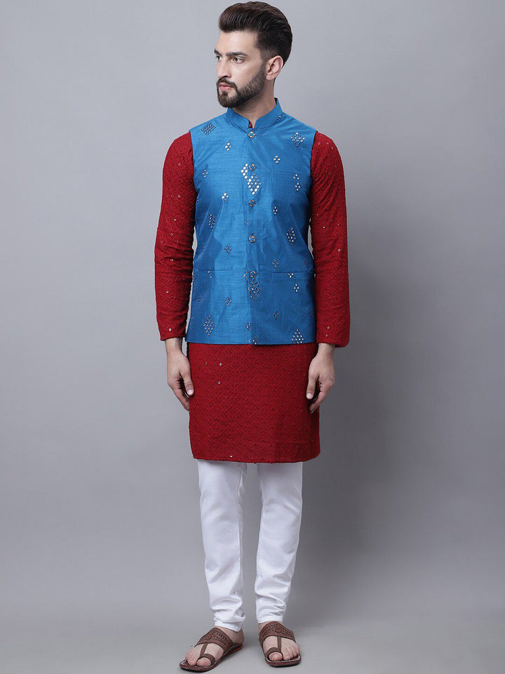 SOJANYA Ethnic Motifs Embroidered Regular Pure Cotton Kurta with Churidar & Nehru Jacket