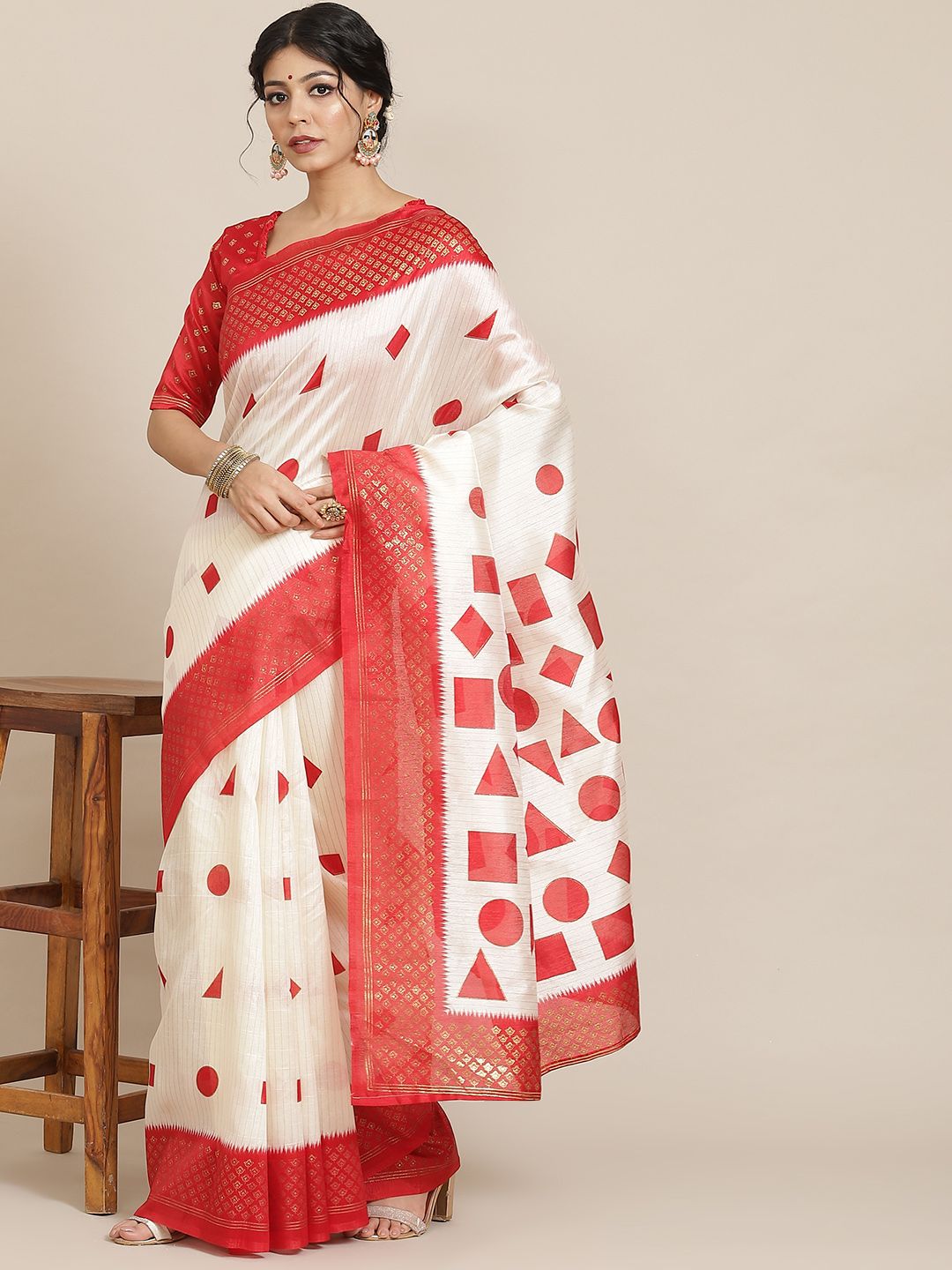 Saree mall Off White & Red Silk Blend Sarees