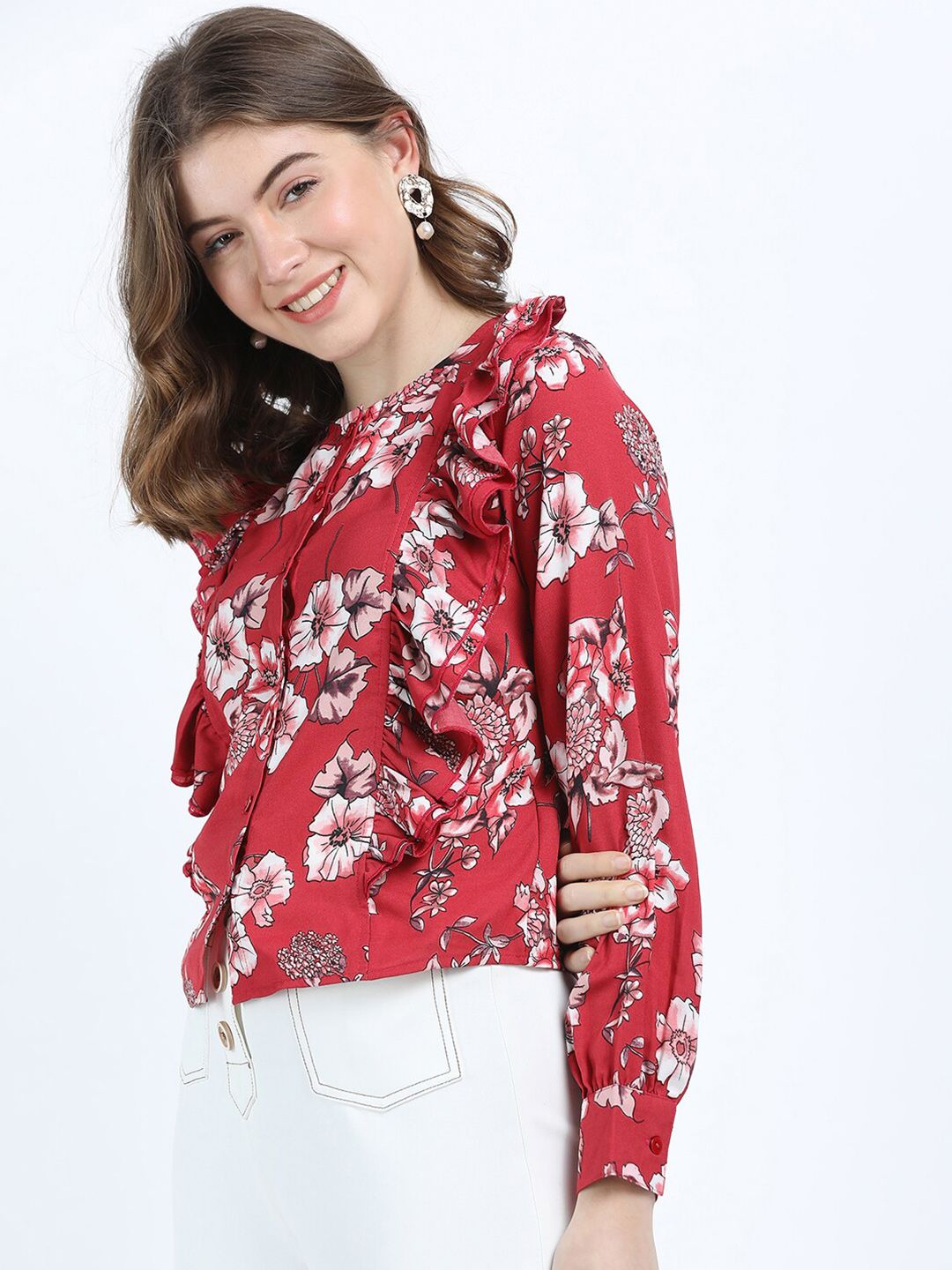 Tokyo Talkies Rust Floral Print Tie-Up Neck Top