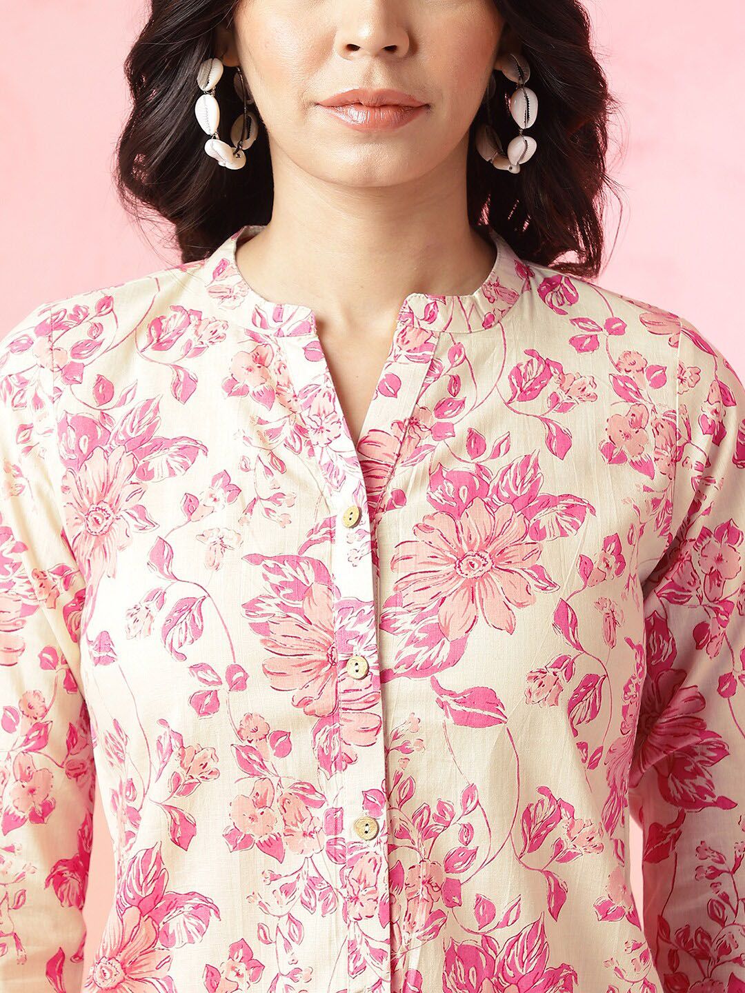 Anouk Off White Floral Printed Mandarin Collar Pure Cotton Top
