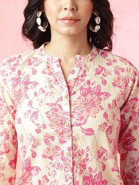 Anouk Off White Floral Printed Mandarin Collar Pure Cotton Top
