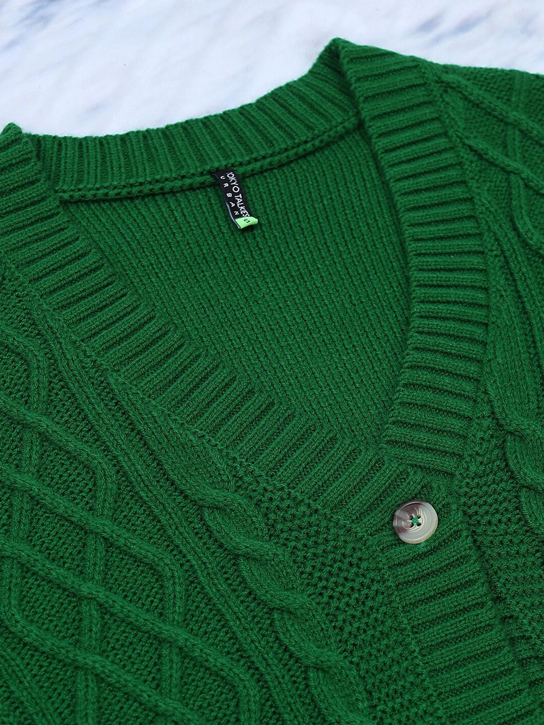 Tokyo Talkies Cable Knit Self Design V-Neck Acrylic Cardigan