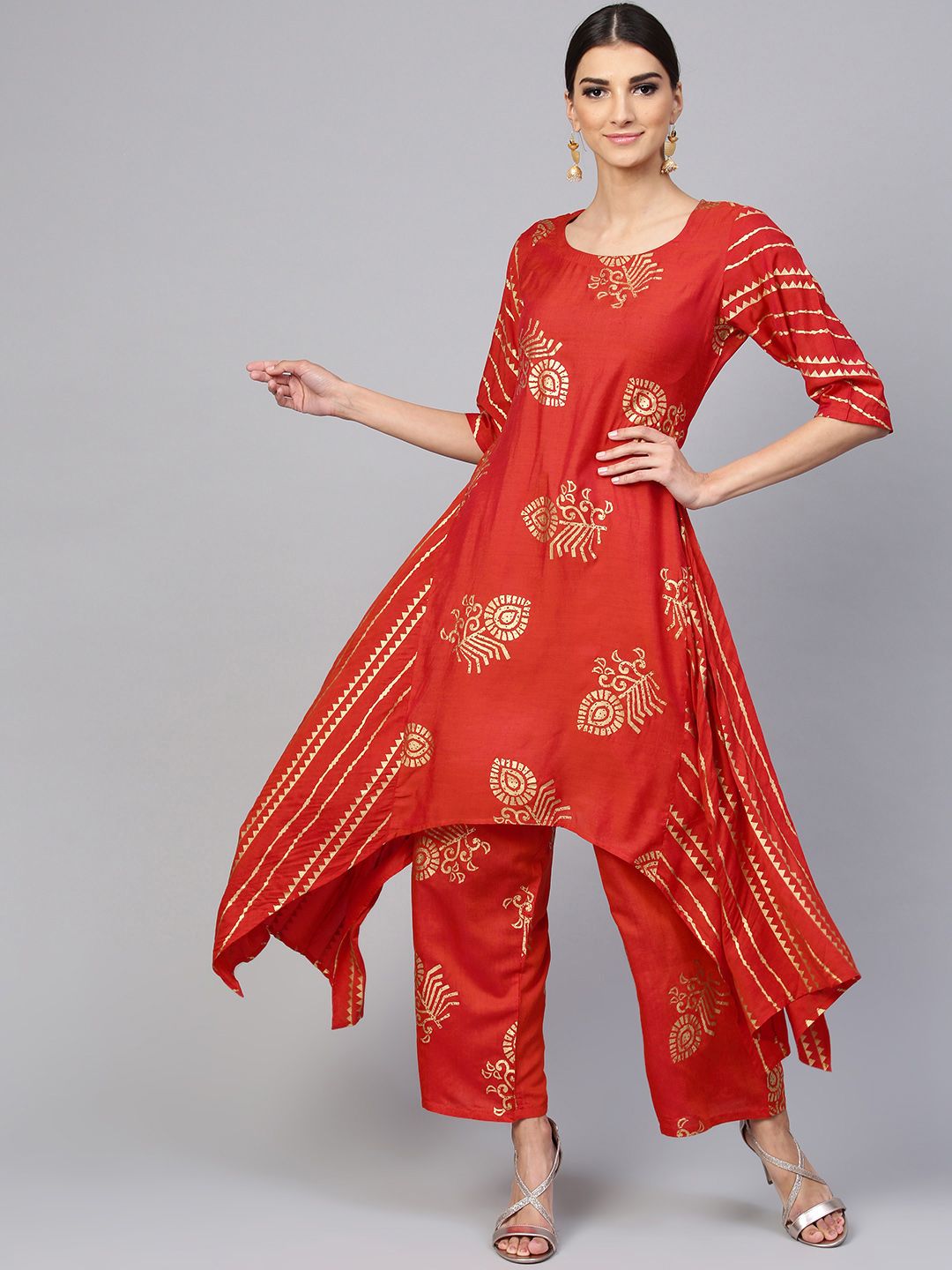 Libas Women Red & Golden Printed Kurta with Palazzos