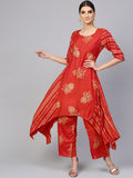 Libas Women Red & Golden Printed Kurta with Palazzos