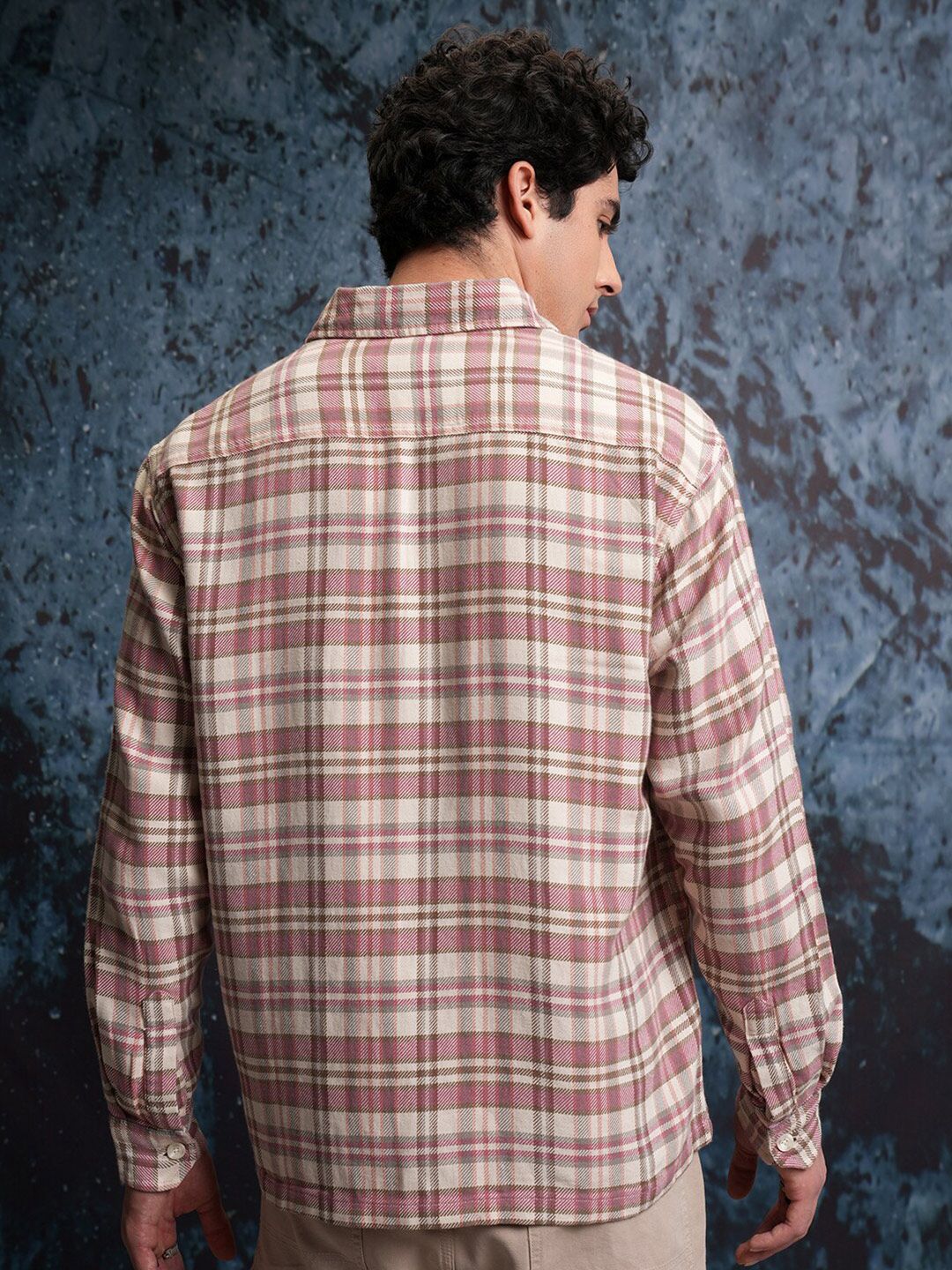 Locomotive Men Pink Dobby Textured Checked Utility Pocket Overshirt