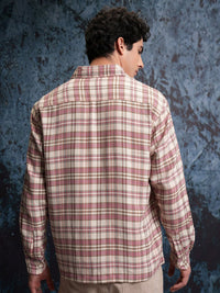 Locomotive Men Pink Dobby Textured Checked Utility Pocket Overshirt