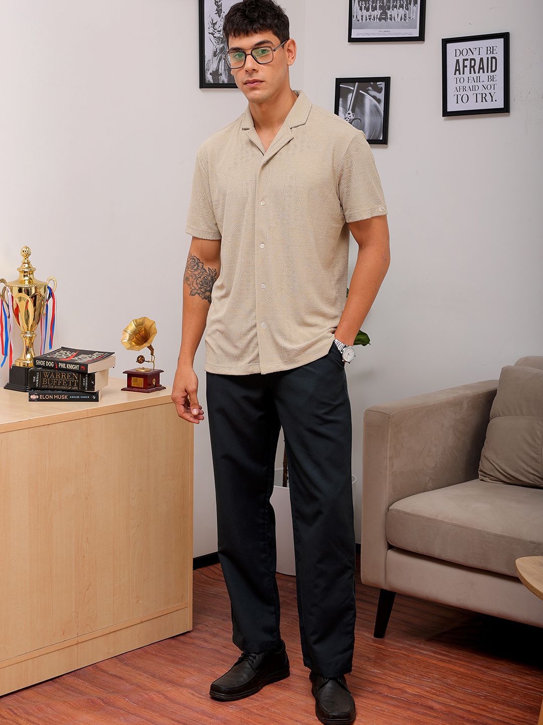 The Indian Garage Co Men Slim Fit Textured Terry Knit Resortwear Shirt