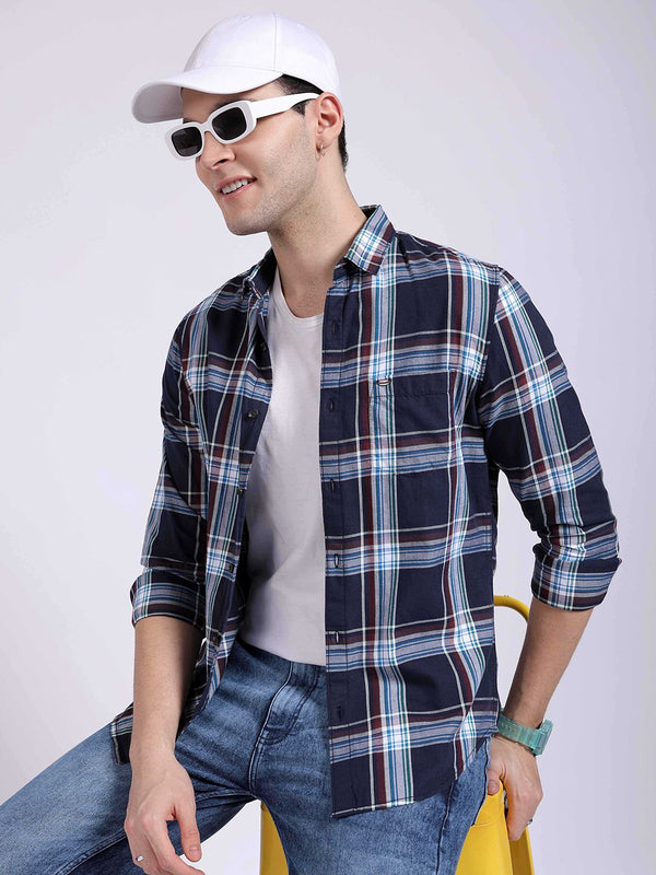 The Indian Garage Co Spread Collar Slim Fit Checked Twill Casual Pure Cotton Shirt